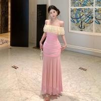 ราคา French Party Party เซ็กซี่เซ็กซี่สีชมพูชีฟอง Tube Top กระโปรงยาวผู้หญิง Slimmer ดูยืดหยุ่น One Line คอแขนกุดกลางความยาว A Line ชุด (55661050746)