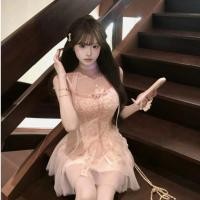 ราคา จีนฤดูร้อนสไตล์ใหม่วันหยุดท่องเที่ยวสีชมพูชีฟองสลิงชุดสตรี ผอมลง ดูลูกไม้เย็บแขนกุด ก เส้น ชุด (54761271823)