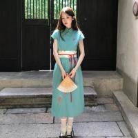 ราคา จีนฤดูร้อนสไตล์ใหม่วันหยุดท่องเที่ยวย้อนยุคสีฟ้ากระโปรงยาวผู้หญิง ผอมลง ดูรอบคอแขนสั้นปักกลางความยาว ก (54561352968)