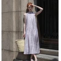 ราคา จีนฤดูร้อนสไตล์ใหม่วันหยุดท่องเที่ยวดอกไม้สีม่วงชีฟองกระโปรงยาวผู้หญิงหลวมรอบคอแขนกุดพิมพ์กลางความยาว ก เส้น ชุด (54161849309)