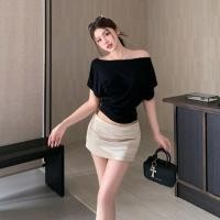 ราคา ฤดูร้อนจีนสไตล์ใหม่ถนนอินเทรนด์แฟชั่นสูทผู้หญิงสวมใส่ ผอมลง ดูปกแนวทแยงที่ไม่มีสายหนังแขนสั้นเสื้อยืด เอวสูงสะโพก ปกกระโ (52111448781)