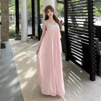 ราคา จีนฤดูร้อนสไตล์ใหม่วันหยุดท่องเที่ยวเซ็กซี่สีชมพูชีฟองสลิงกระโปรงยาวผู้หญิงSlimmerดูVคอแขนกุดHalterกลางความยาวA Lineชุด (51810685257)