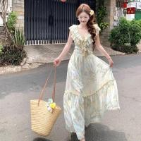 ราคา จีนฤดูร้อนสไตล์ใหม่ท่องเที่ยววันหยุดดอกไม้สีฟ้าชีฟองกระโปรงยาวผู้หญิง ผอมลง ดูคอวีแขนกุดพิมพ์กลางความยาว ก เส้น ชุด (51760341067)
