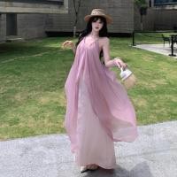ราคา โบฮีเมียนท่องเที่ยววันหยุดเซ็กซี่สีชมพูชีฟองสลิงกระโปรงยาวผู้หญิงหลวมคอวีแขนกุดกลางความยาว ก เส้น ชุด (49761714044)