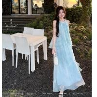 ราคา จีนฤดูร้อนสไตล์ใหม่วันหยุดท่องเที่ยวเซ็กซี่สีฟ้าชีฟองกระโปรงยาวผู้หญิงหลวมรอบคอแขนกุดกลางความยาว ก เส้น ชุด (48861898371)