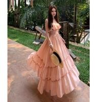 ราคา จีนฤดูร้อนสไตล์ใหม่วันหยุดท่องเที่ยวเซ็กซี่สีชมพูชีฟองสลิงกระโปรงยาวผู้หญิงSlimmerดูOne LineคอแขนกุดกลางความยาวA Lineชุด (48410637620)