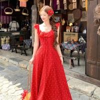 ราคา ชุดสตรีแขนกุดลายดอกไม้สีแดงแบบชีฟอง สไตล์เกาหลี เหมาะสำหรับวันหยุดท่องเที่ยว (47259627822)