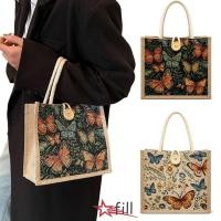 ราคา FILL Tote Handbag Linen Canva Butterfly Print Lunch Bag Handmade Casual Retro Portable Lunch Box Food Storage (46766393441)