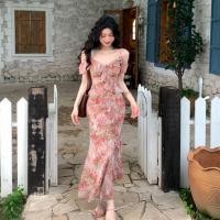 ราคา จีนฤดูร้อนสไตล์ใหม่วันหยุดท่องเที่ยวดอกไม้สีชมพูชีฟองกระโปรงยาวผู้หญิง ผอมลง ดูคอวีแขนกุดพิมพ์กลางความยาว ก เส้น ชุด (57710945723)