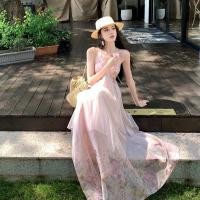 ราคา จีนฤดูร้อนสไตล์ใหม่วันหยุดท่องเที่ยวเซ็กซี่ดอกไม้สีชมพูชีฟองสลิงชุดสตรี ผอมลง ดูคอวีแขนกุดพิมพ์กลางความยาว ก เส้น ชุด (55660610815)
