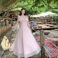 ราคา จีนฤดูร้อนสไตล์ใหม่วันหยุดท่องเที่ยวเซ็กซี่สีชมพูชีฟองสลิงกระโปรงยาวผู้หญิง ผอมลง ดูลูกไม้แขนกุดกลางความยาว ก เส้น ชุด (52360583419)