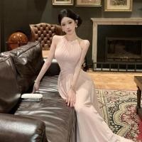 ราคา French Party Party เซ็กซี่สีชมพูชีฟอง Halterneck กระโปรงยาวผู้หญิง Slimmer ดูรอบคอ Rhinestone ตกแต่ง Halter แขนกุดกลางความยาว A Line ชุด (49515939946)