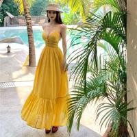 ราคา ชุดสตรีโบฮีเมียนสีเหลือง ชีฟองแขนกุดทรงV สลิง핏 (48208476102)