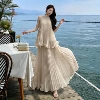 ราคา จีนฤดูร้อนสไตล์ใหม่วันหยุดท่องเที่ยวสีทึบชีฟองกระโปรงยาวผู้หญิงหลวมรอบคอแขนกุดกลางความยาวชุดจีบ (46060617883)
