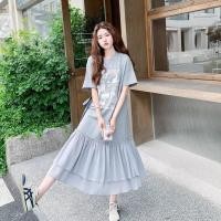 ราคา มาใหม่ ชุดเดรสขนาดใหญ่หลวมฤดูร้อนสไตล์ใหม่แขนสั้นกระโปรงยาวหญิงพิมพ์สไตล์เกาหลีเย็บเสื้อยืดลําลอง 100 กก (53764751775)