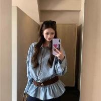 ราคา มาใหม่ สีฟ้าลายโปโลคอปกแขนยาวเสื้อผู้หญิงฤดูใบไม้ผลิกลางความยาวเกาหลีสบายๆหลวมด้านบนออกแบบเสื้อ (56365883875)
