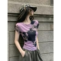 ราคา ลดราคาจํากัดเวลา สีม่วงตาข่ายมัดย้อมพิมพ์แขนสั้นเสื้อยืดผู้หญิงฤดูร้อนสไตล์ใหม่แฟชั่นรอบคอ ผอมลง ดูสั้น จุดต่ําสุด (54112833905)