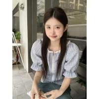 ราคา มาใหม่ ฤดูร้อนสไตล์ใหม่สไตล์เกาหลีแฟชั่นคลาสซี่ตรวจสอบซิปลูกไม้ลูกไม้รอบคอฟองเสื้อแขนสั้นผู้หญิงอินเทรนด์ (49515851726)
