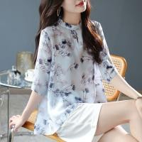 ราคา จํากัดเวลา เซคคิล ฤดูร้อนสไตล์ใหม่สไตล์จีนพิมพ์แขนสามส่วนเสื้อชีฟองด้านบนรอบคอครึ่งแขนเสื้อผู้หญิงบางสไตล์ (50065761981)