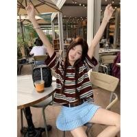 ราคา มาใหม่ ย้อนยุคสีคมชัดลายโปโลคอปกแขนสั้นเสื้อยืดผู้หญิงฤดูร้อนสไตล์ใหม่กระโปรงจีบสีฟ้าเดี่ยว ชุดสองชิ้น (46216071982)