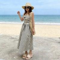 ราคา สินค้าใหม่ French Tall Casual Vertical Stripes Tube Top Off the Shoulder Sling Dress สไตล์วันหยุด a Line Dress เดรสยาว 11361 (43833532317)