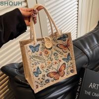 ราคา SHOUH Tote Handbag Handmade Linen Canva Lunch Bag Portable Casual Retro Butterfly Print Lunch Box Shopping Outing (57665552635)
