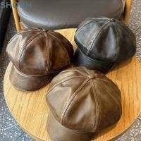 ราคา SHUH Newsboy Cap Curved Brim Solid Color Newsboy Hat PU Leather Casual แปดเหลี่ยม Peaked Cap Men and Women (54164797674)
