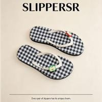 ราคา รองเท้าแตะ Summer Seaside Vacation รองเท้าแตะน่ารักสุภาพสตรี ins Contrast Color Checkered Red Apple Flip Flops (56266404586)