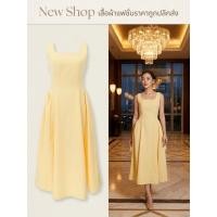 ราคา เดรสออกงานคอเหลี่ยม สีเหลืองอ่อน ทรงเอเดรสพาสเทล (45306331279)