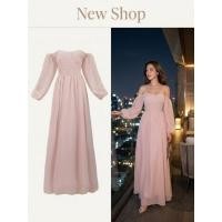 ราคา ชุดเดรสยาว ชุดออกงาน สีพีช ซิปซ่อนด้านหลัง แขนยาว เปิดไหล่ ผ้าชีฟอง ความยาวชุด 58 (25684839281)
