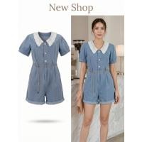 ราคา ชุดจั๊มสูทยีนส์แขนสั้น คอปกลูกไม้ แขนตุ๊กตา เอวมีสายโซ่ สีฟ้าเดนิมฟอกอ่อน (54509536184)