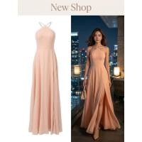 ราคา ชุดเดรสยาวสายเดี่ยว คล้องคอไขว้ ผ้ามุ้งซีทรู มีซับใน สีโอรส ความยาวชุด 64 นิ้ว (49315609312)