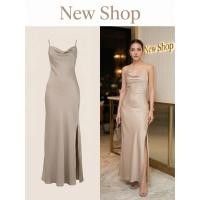 ราคา ชุดราตรี สีกากี สายเดี่ยว ผ้าซาติน ความยาวชุด 57 (43601128767)