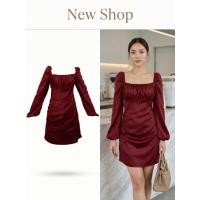 ราคา ชุดเดรสซาตินผู้หญิง เดรสแฟชั่นผู้หญิง สีแดง ผ้าซาติน (27692070828)