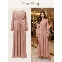 ราคา ชุดเดรสสง่างาม ชุดเดรสยาว สีโอรสกลาง ซิปซ่อนด้านหลัง แขนยาว คอกลม ผ้าโพลีเอสเตอร์ ความยาวชุด 56 (29514291428)