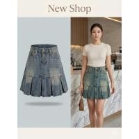 ราคา กระโปรงยีนส์สั้นเอวสูง สีฟอก มีกระดุมหน้า ทรงเอ (56959670290)