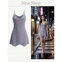 ราคา ชุดจั๊มสูทขาสั้น สีเทาอมฟ้า สายเดี่ยวคอวี ดีไซน์กระโปรงป้ายหน้า ผ้าฮานาโกะ ความยาวชุด 32 นิ้ว (56513961453)