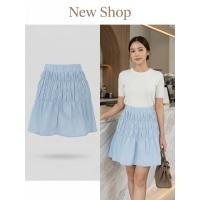 ราคา กระโปรง สีฟ้า เอวสม็อคทรงระบาย กระโปรงผู้หญิงสไตล์เกาหลี ความยาวกระโปรง 15 นิ้ว (55556901811)