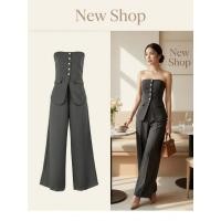 ราคา ชุดเซ็ตเกาะอกสีดำ เสื้อกระดุมหน้า กางเกงขายาวทรงกว้าง (55106014780)