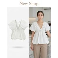 ราคา เสื้อแขนตุ๊กตา สีขาว คอวี มีเชือกผูกหลัง ปลายเสื้อทรงบอลลูน (54857153380)