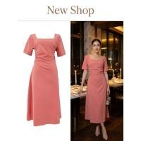 ราคา เดรสคอเหลี่ยม เดรสยาวแขนสั้น ทรงสุภาพ สีชมพู ลุคสวยหวาน (54053680137)