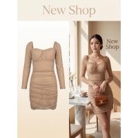ราคา ชุดเดรสสั้น คอเหลี่ยม แขนยาว ดีเทลจับจีบย่นทั้งตัว ซิปซ่อนด้านหลัง ซับในทั้งตัว สีน้ำตาล ความยาวชุด 30 นิ้ว (53714977442)