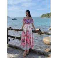 ราคา ชุดเดรสปาดไหล่ลายดอก กระโปรงยาว สีขาว ชมพู พิมพ์ลายดอกไม้ (50707044603)