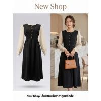 ราคา ชุดเดรสผู้หญิง สีดำ แขนยาว แขนผ้าซีทรู กระดุมหน้า (50254391289)