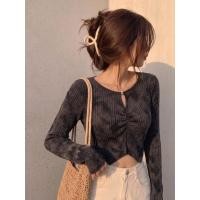 ราคา เสื้อยืดผ้าร่องไหมพรมแขนยาว สีดำลายฟอก คอกลม ทรงสลิมรัดรูป (47807197983)