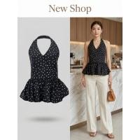 ราคา เสื้อคล้องคอ ลายPolka Dot สีดำ สม็อคด้านหลัง ระบายช่วงเอว (47559006779)