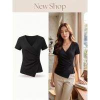 ราคา เสื้อคอวีแบบไขว้แขนสั้น จับย่นด้านข้าง ผ้าคอตตอนยืด เข้ารูป สีดำ ความยาวชุด 24 นิ้ว (44515624066)