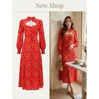 ราคา เดรสลายดอกสีสด แขนยาวคอสูงเว้าอกผูกโบว์ โทนสีแดง (42170729125)