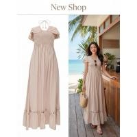 ราคา ชุดเดรสไปทะเล ชุดเดรสยาว สีครีม เปิดไหล่ ซับในทั้งตัว ผ้าคอตตอน ความยาวชุด 45 (41204527084)