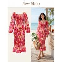 ราคา ชุดเดรสพิมพ์ลาย ชุดเดรสยาว เดรสบอดี้คอน สีโอรส แขนยาว คอกว้าง ผ้าโพลีเอสเตอร์ ความยาวชุด 44 (29225522862)